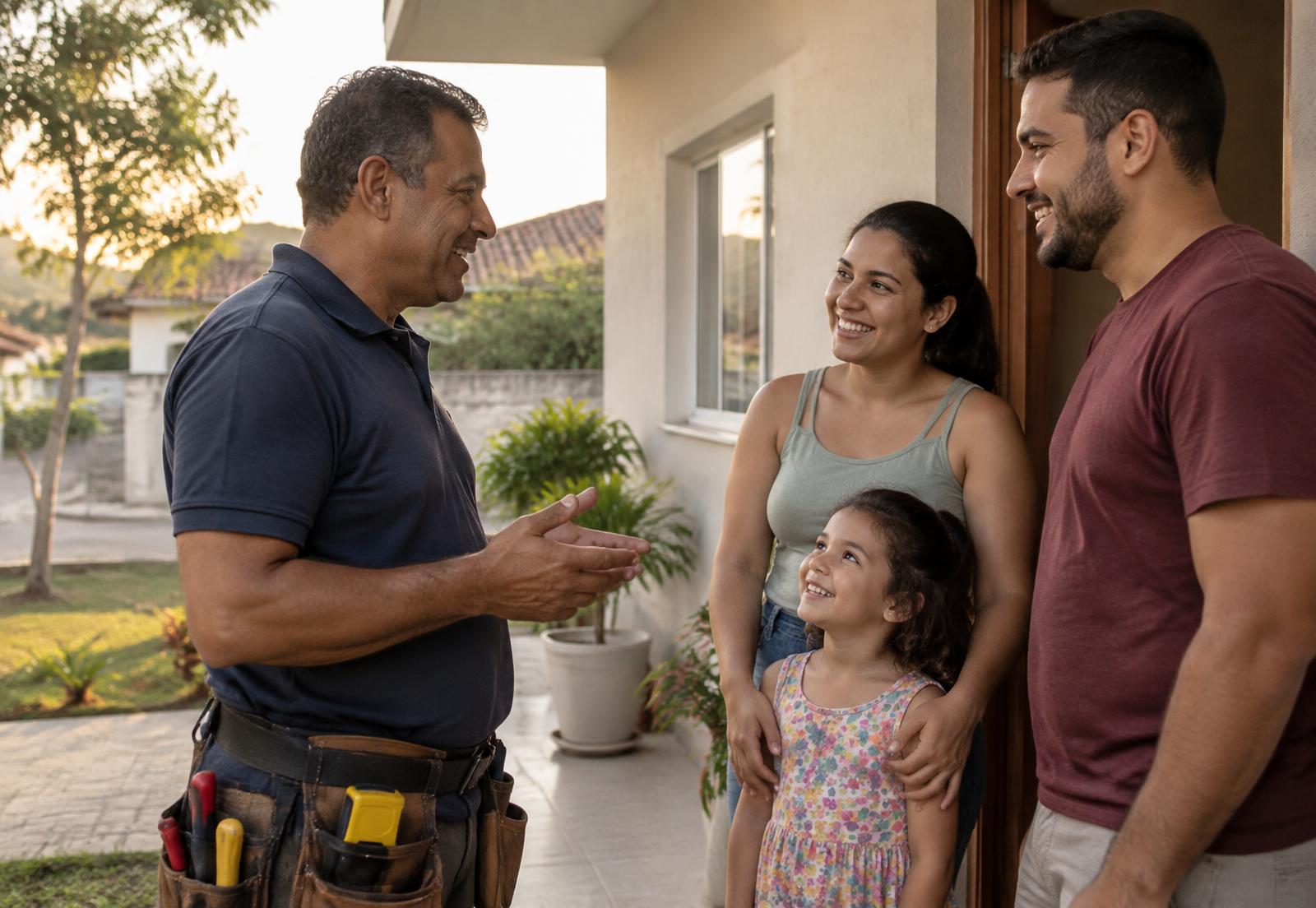 Profissional do Resolve Aí conversando com uma família na porta de casa